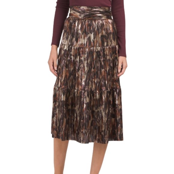 Ba&sh NEW Women's Metallic Poly Violet Tiered Pleated Midi Skirt Size 8